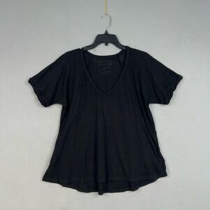 We The Free People Shirt Womens XS Black V-Neck Rolled Cuff Slub Tee Soft Casual